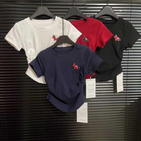 马年爆款蓝色收腰正肩纯棉圆领短袖t恤女装超减龄显瘦洋气上衣 服裝批發女裝批發服飾貨源