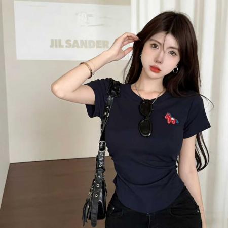 马年爆款蓝色收腰正肩纯棉圆领短袖t恤女装超减龄显瘦洋气上衣 服裝批發女裝批發服飾貨源