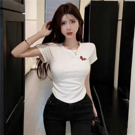 马年爆款蓝色收腰正肩纯棉圆领短袖t恤女装超减龄显瘦洋气上衣 服裝批發女裝批發服飾貨源