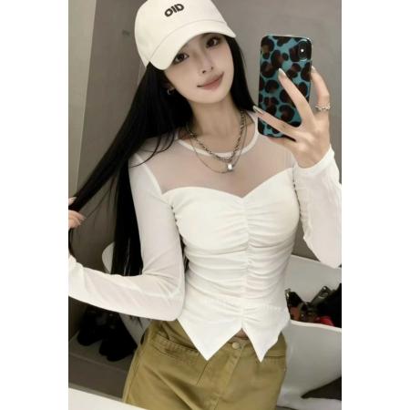 韩版设计感网纱褶皱拼接长袖T恤春季新款气质微透收腰显身材上衣 服裝批發女裝批發服飾貨源