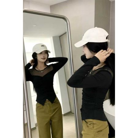 韩版设计感网纱褶皱拼接长袖T恤春季新款气质微透收腰显身材上衣 服裝批發女裝批發服飾貨源