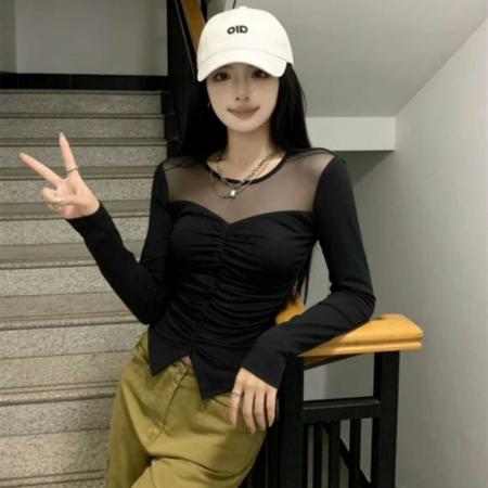 韩版设计感网纱褶皱拼接长袖T恤春季新款气质微透收腰显身材上衣 服裝批發女裝批發服飾貨源