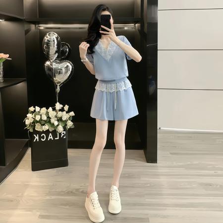 BY10264# 高含棉时尚休闲套装女夏季新款蕾丝短袖高腰短裤两件套 服裝批發女裝批發服飾貨源