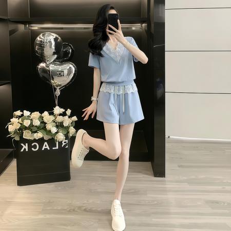 BY10264# 高含棉时尚休闲套装女夏季新款蕾丝短袖高腰短裤两件套 服裝批發女裝批發服飾貨源