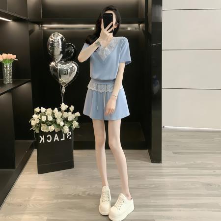 BY10264# 高含棉时尚休闲套装女夏季新款蕾丝短袖高腰短裤两件套 服裝批發女裝批發服飾貨源