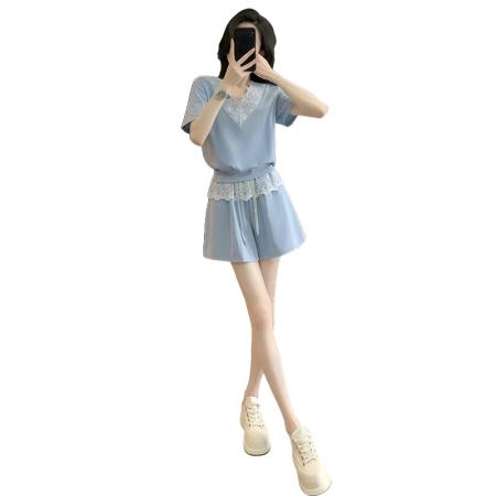 BY10264# 高含棉时尚休闲套装女夏季新款蕾丝短袖高腰短裤两件套 服裝批發女裝批發服飾貨源