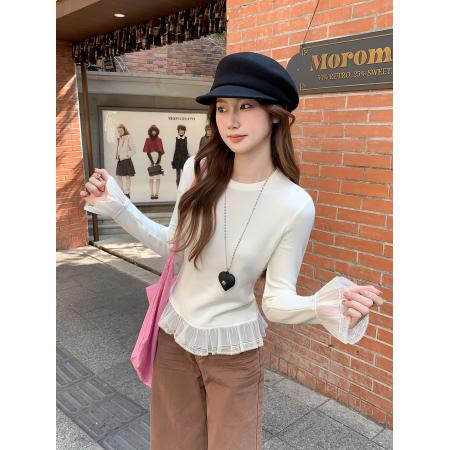 蕾丝花边拼接长袖t恤女早春新款修身显瘦叠穿百搭打底衫上衣 服裝批發女裝批發服飾貨源