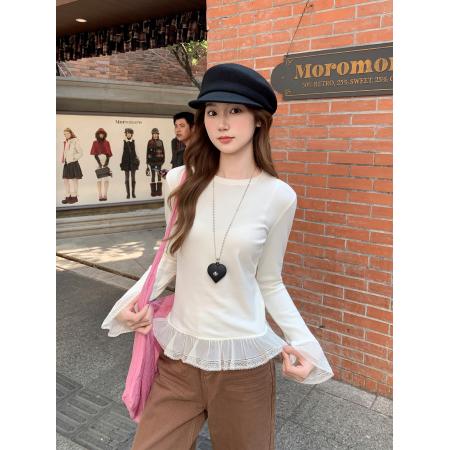 蕾丝花边拼接长袖t恤女早春新款修身显瘦叠穿百搭打底衫上衣 服裝批發女裝批發服飾貨源