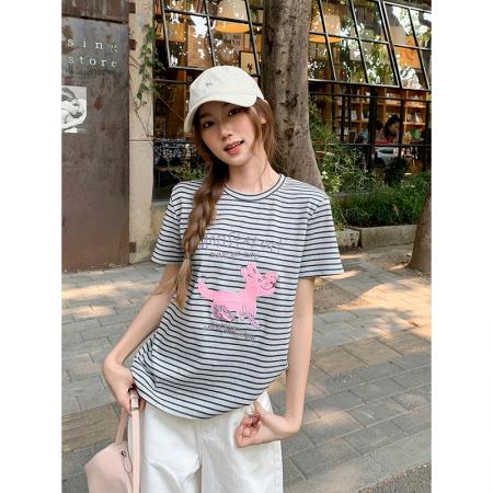 撞色条纹卡通印花圆领短袖t恤女新款宽松休闲百搭正肩小上衣 服裝批發女裝批發服飾貨源
