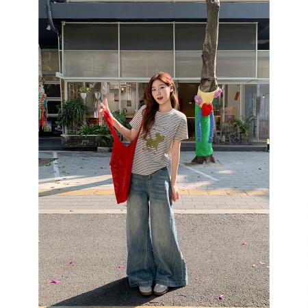 撞色条纹卡通印花圆领短袖t恤女新款宽松休闲百搭正肩小上衣 服裝批發女裝批發服飾貨源