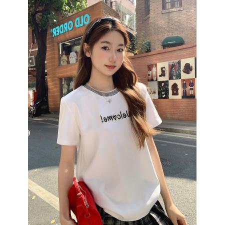 设计感撞色圆领字母刺绣短袖t恤女新款宽松显瘦休闲百搭上衣 服裝批發女裝批發服飾貨源