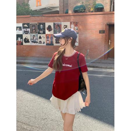 设计感撞色圆领字母刺绣短袖t恤女新款宽松显瘦休闲百搭上衣 服裝批發女裝批發服飾貨源