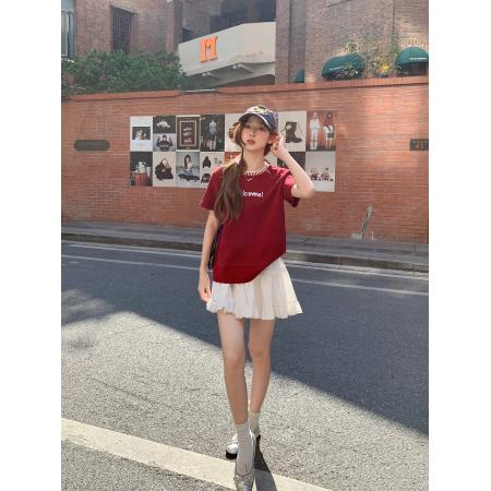 设计感撞色圆领字母刺绣短袖t恤女新款宽松显瘦休闲百搭上衣 服裝批發女裝批發服飾貨源