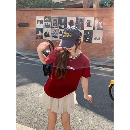 设计感撞色圆领字母刺绣短袖t恤女新款宽松显瘦休闲百搭上衣 服裝批發女裝批發服飾貨源