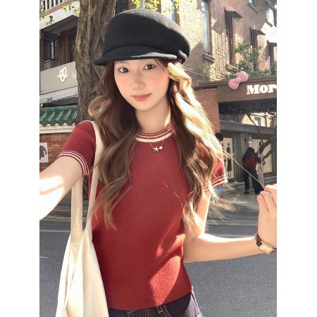 韩系撞色圆领针织短袖t恤女新款修身显瘦简约正肩百搭上衣 服裝批發女裝批發服飾貨源