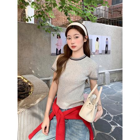 韩系撞色圆领针织短袖t恤女新款修身显瘦简约正肩百搭上衣 服裝批發女裝批發服飾貨源