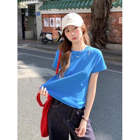 小众设计感烫钻圆领正肩短袖t恤女新款时尚洋气宽松百搭上衣 服裝批發女裝批發服飾貨源