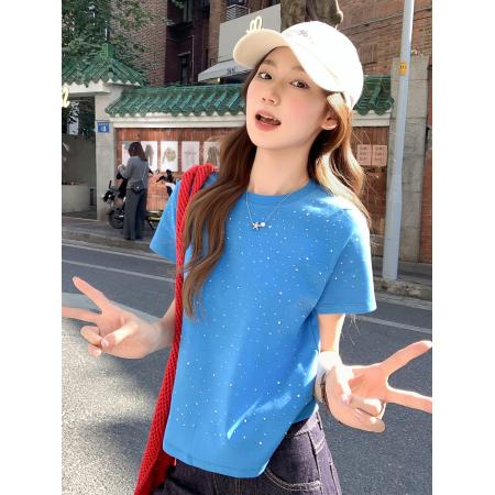 小众设计感烫钻圆领正肩短袖t恤女新款时尚洋气宽松百搭上衣 服裝批發女裝批發服飾貨源