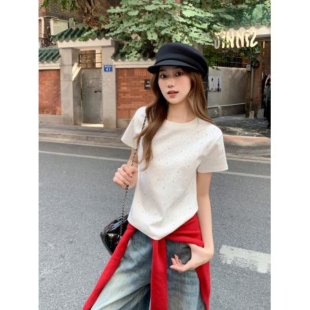 小众设计感烫钻圆领正肩短袖t恤女新款时尚洋气宽松百搭上衣 服裝批發女裝批發服飾貨源