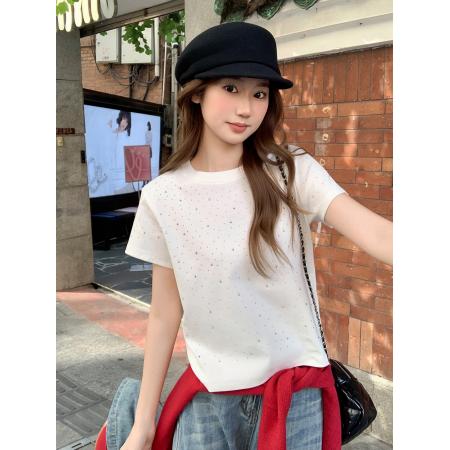 小众设计感烫钻圆领正肩短袖t恤女新款时尚洋气宽松百搭上衣 服裝批發女裝批發服飾貨源