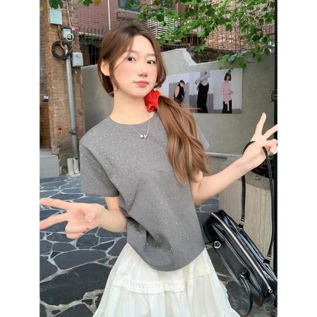 小众设计感烫钻圆领正肩短袖t恤女新款时尚洋气宽松百搭上衣 服裝批發女裝批發服飾貨源