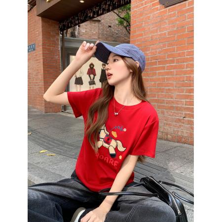韩系设计感小马刺绣圆领正肩短袖t恤女早春新款宽松显瘦上衣 服裝批發女裝批發服飾貨源