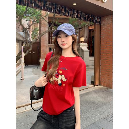 韩系设计感小马刺绣圆领正肩短袖t恤女早春新款宽松显瘦上衣 服裝批發女裝批發服飾貨源
