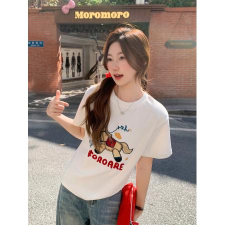 韩系设计感小马刺绣圆领正肩短袖t恤女早春新款宽松显瘦上衣 服裝批發女裝批發服飾貨源