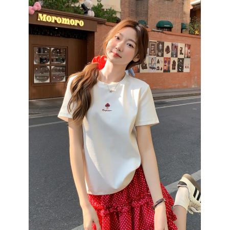 白色蘑菇刺绣圆领正肩短袖t恤女新款气质宽松超好看百搭上衣 服裝批發女裝批發服飾貨源