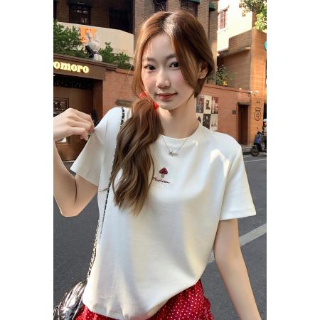 白色蘑菇刺绣圆领正肩短袖t恤女新款气质宽松超好看百搭上衣 服裝批發女裝批發服飾貨源