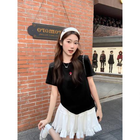 白色蘑菇刺绣圆领正肩短袖t恤女新款气质宽松超好看百搭上衣 服裝批發女裝批發服飾貨源