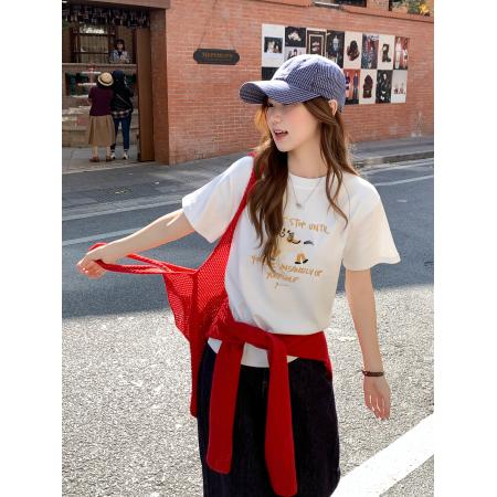 红色圆领正肩卡通刺绣短袖t恤女早春新款宽松显瘦百搭小上衣 服裝批發女裝批發服飾貨源