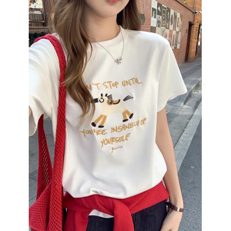 红色圆领正肩卡通刺绣短袖t恤女早春新款宽松显瘦百搭小上衣 服裝批發女裝批發服飾貨源