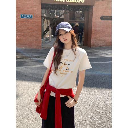 红色圆领正肩卡通刺绣短袖t恤女早春新款宽松显瘦百搭小上衣 服裝批發女裝批發服飾貨源