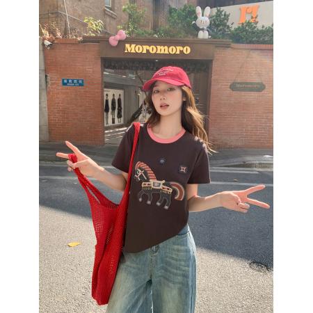 撞色圆领小马刺绣短袖t恤女新款修身显瘦时尚设计感独特上衣 服裝批發女裝批發服飾貨源