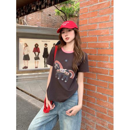 撞色圆领小马刺绣短袖t恤女新款修身显瘦时尚设计感独特上衣 服裝批發女裝批發服飾貨源
