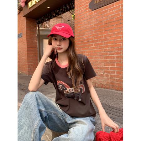 撞色圆领小马刺绣短袖t恤女新款修身显瘦时尚设计感独特上衣 服裝批發女裝批發服飾貨源