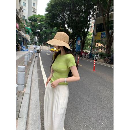 BY10276# 韩系辣妹绿色条纹正肩修身羊毛针织衫女夏季新款小上衣 服裝批發女裝批發服飾貨源