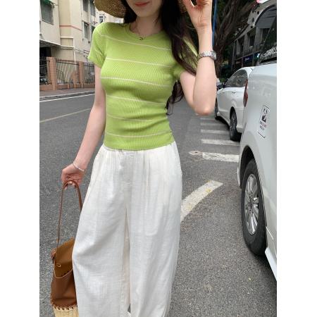 BY10276# 韩系辣妹绿色条纹正肩修身羊毛针织衫女夏季新款小上衣 服裝批發女裝批發服飾貨源