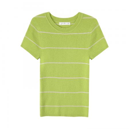 BY10276# 韩系辣妹绿色条纹正肩修身羊毛针织衫女夏季新款小上衣 服裝批發女裝批發服飾貨源