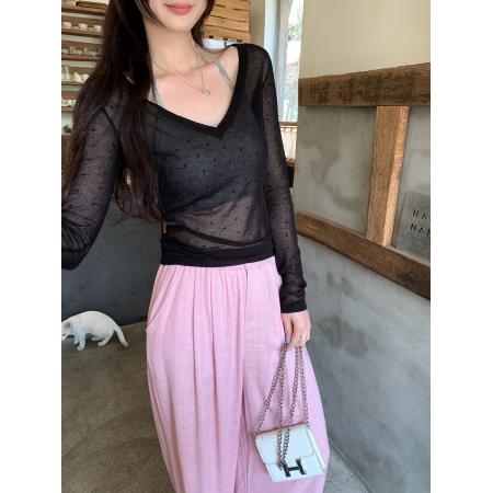 BY10277# 纯欲微透V领防晒罩衫T恤女早春新款漂亮短款长袖上衣 服裝批發女裝批發服飾貨源