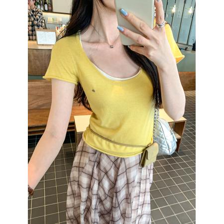 BY10278# 甜美温柔风正肩u领假两件羊毛T恤女夏新款爆款短款上衣 服裝批發女裝批發服飾貨源