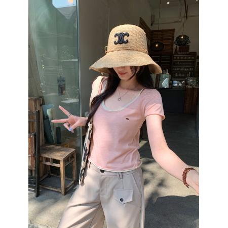 BY10278# 甜美温柔风正肩u领假两件羊毛T恤女夏新款爆款短款上衣 服裝批發女裝批發服飾貨源