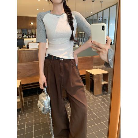 BY10281# 撞色拼接插肩短袖T恤女夏季新款美式辣妹修身漂亮独特上衣 服裝批發女裝批發服飾貨源