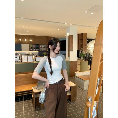 BY10281# 撞色拼接插肩短袖T恤女夏季新款美式辣妹修身漂亮独特上衣 服裝批發女裝批發服飾貨源