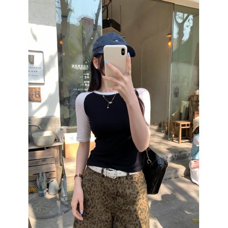 BY10281# 撞色拼接插肩短袖T恤女夏季新款美式辣妹修身漂亮独特上衣 服裝批發女裝批發服飾貨源
