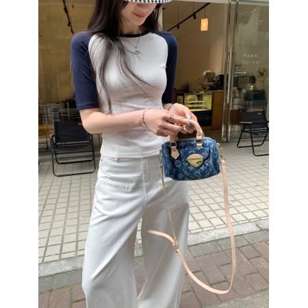 BY10281# 撞色拼接插肩短袖T恤女夏季新款美式辣妹修身漂亮独特上衣 服裝批發女裝批發服飾貨源