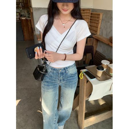 BY10282# 莱赛尔天丝性感交叉深V领辣妹短袖T恤女夏季新款上衣 服裝批發女裝批發服飾貨源