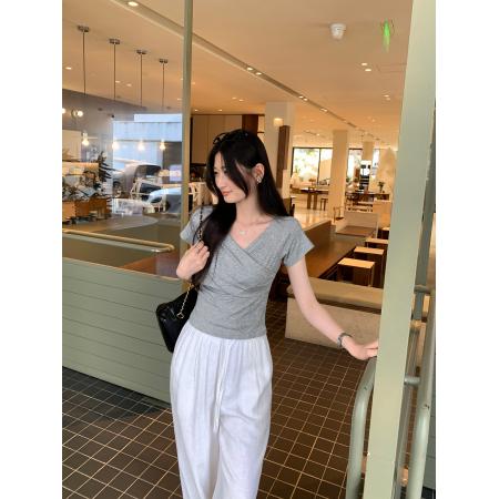 BY10282# 莱赛尔天丝性感交叉深V领辣妹短袖T恤女夏季新款上衣 服裝批發女裝批發服飾貨源