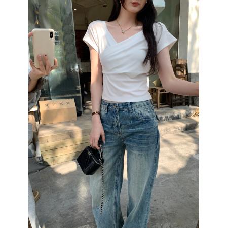 BY10282# 莱赛尔天丝性感交叉深V领辣妹短袖T恤女夏季新款上衣 服裝批發女裝批發服飾貨源